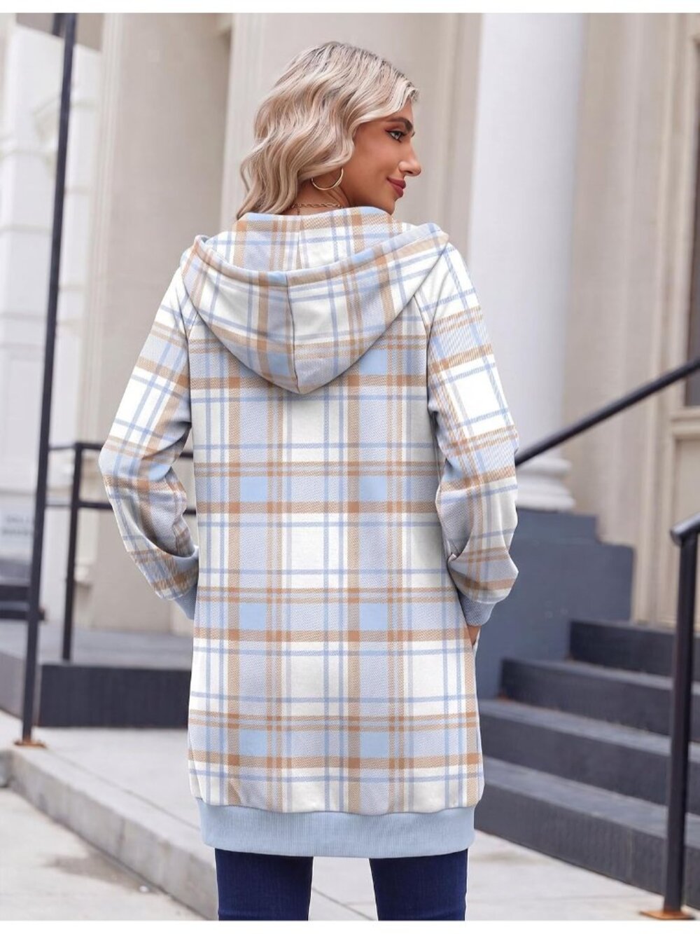 Women's White Blue Plaid Oversized Fleece Hoodie Full Zip Pocket Jacket Top - Picture 6 of 6